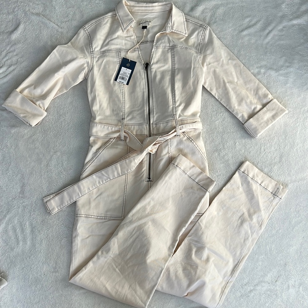 NWT Universal Thread Cream Color Denim Zipper Front Jumpsuit with Belt